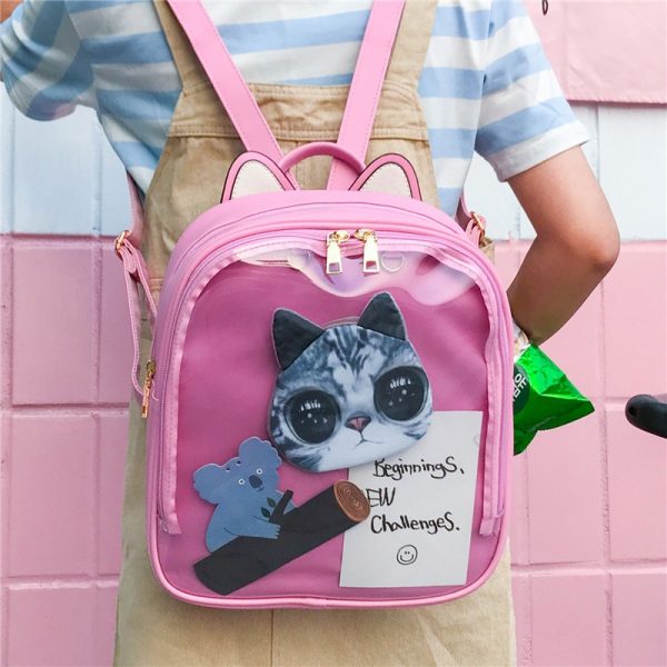 MSMO Lovely Cat Ear Leather Backpacks Candy Color Transparent Bag Women Shoulder Bags School Teenage Girls - Fruits Basket Shop